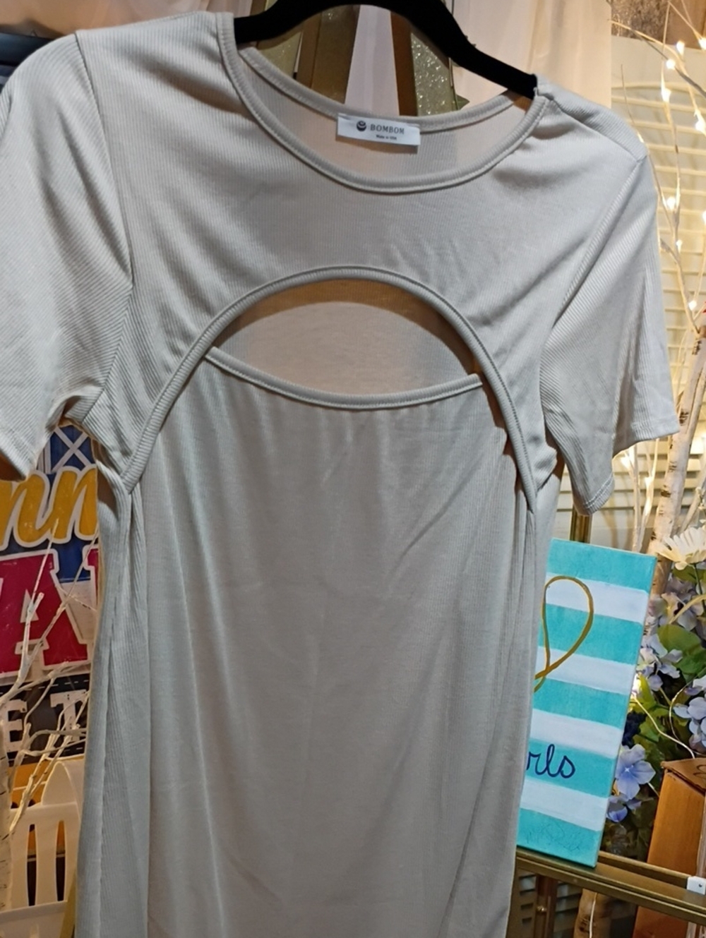 BOM BOM Light Gray Short Sleeve Ribbed Cutout Top